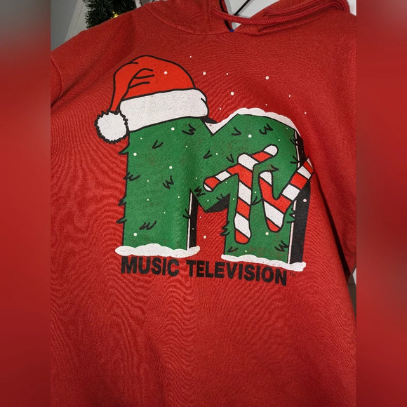 Retro MTV Red and Green Christmas Hoodie Size Small. GUC - Picture 1 of 7